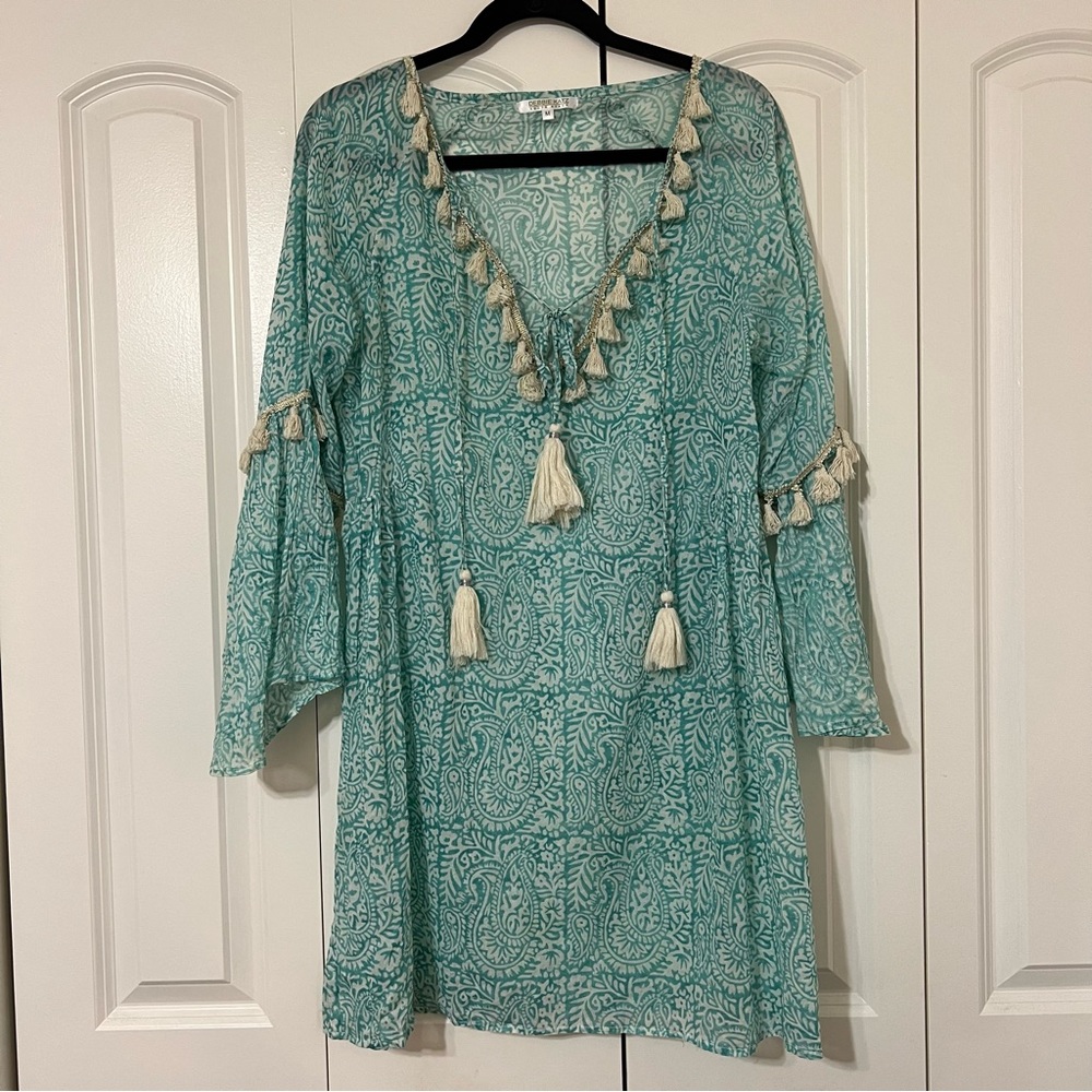 Debbie Katz South Beach M turquoise beach cover up dress with tassels